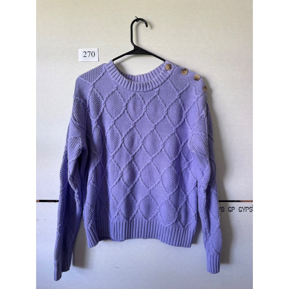 Purple Diamond Cable Knit Sweater Button Shoulder Crew Neck Pullover Lilac - Picture 1 of 7